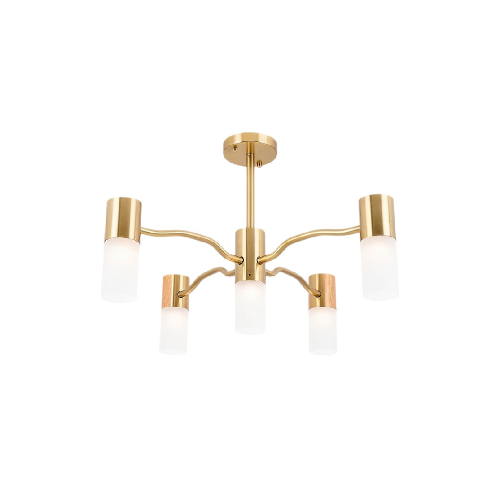 **Luminária de Teto Moderna em Ouro com 5 Braços e Difusores de Vidro Fosco**